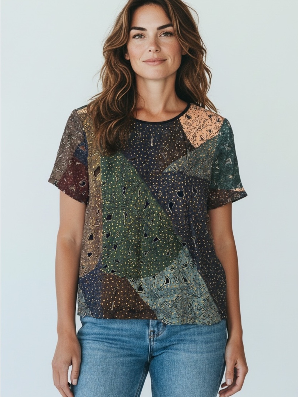 Patchwork Print Short Sleeve velvet Top - Multicolor